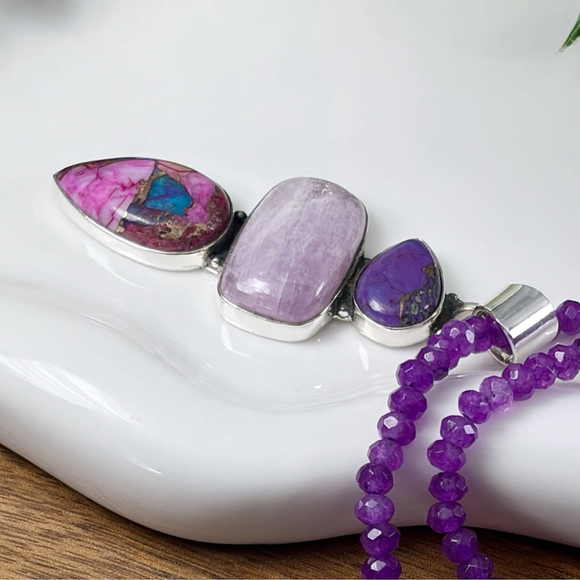 Purple Copper Turquoise Kyanite & Pink Dahlia Turquoise Pendant Southwest 925 - Picture 4 of 6